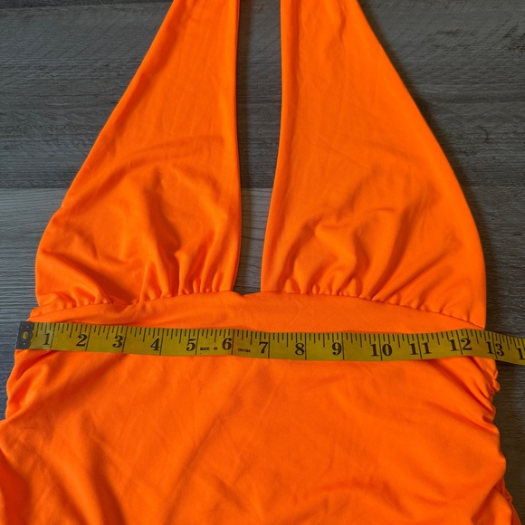 Neon Orange Halter Mini Dress Bodycon Ruched Bright Party Medium - Picture 8 of 12